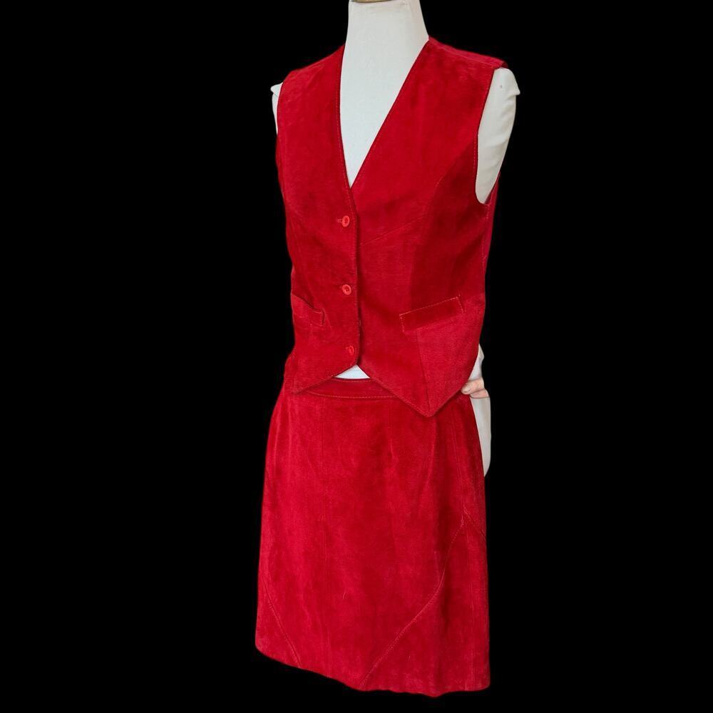 Vintage Red Suede Vest & Skirt Two Piece Set 90s Minimalist